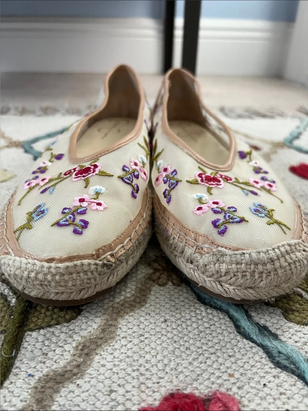 Jessica Simpson Beige Canvas Floral Embroidered Espadrilles